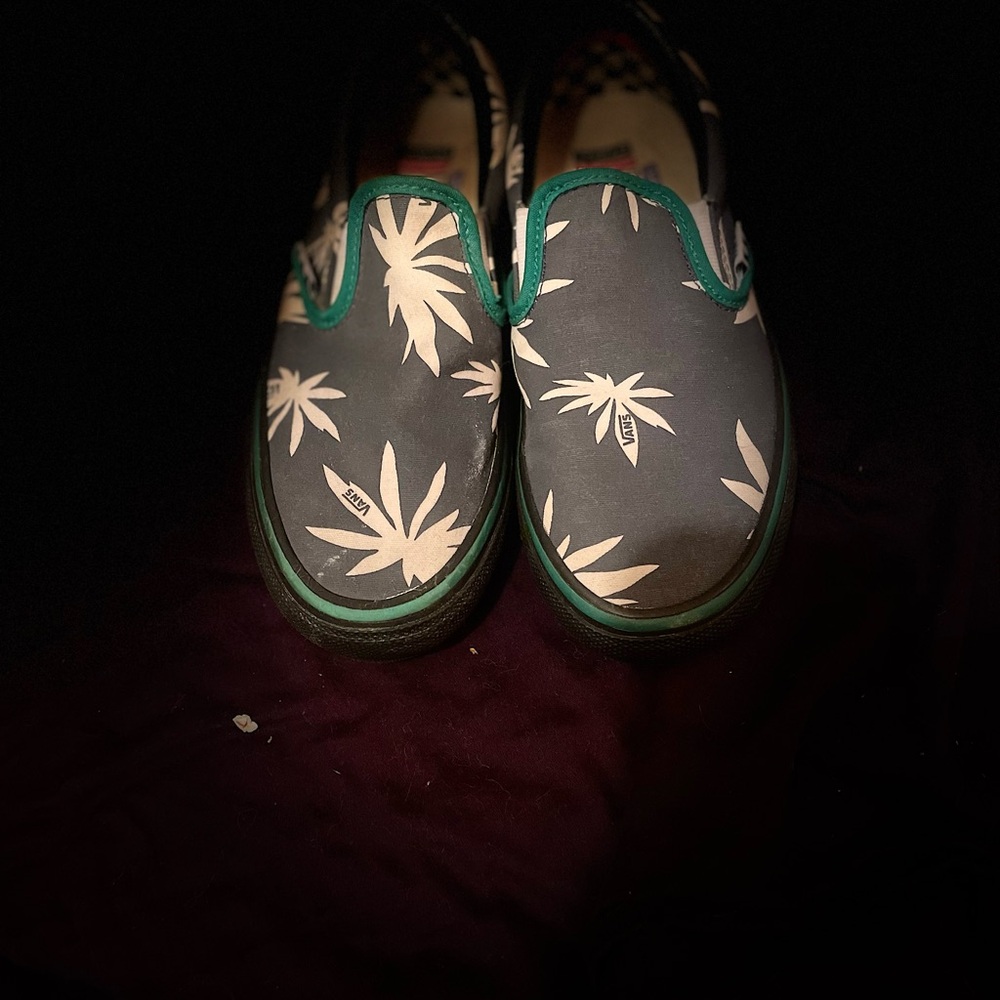 Vans Black Slip-On Shoes with White Leaf Design. One of a kind